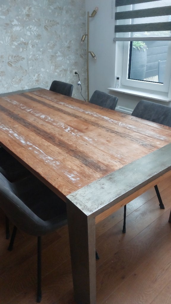 Teak eettafel met RVS poten - Trendhopper (220x100cm), Ophalen, Gebruikt, 200 cm of meer, Vijf personen of meer