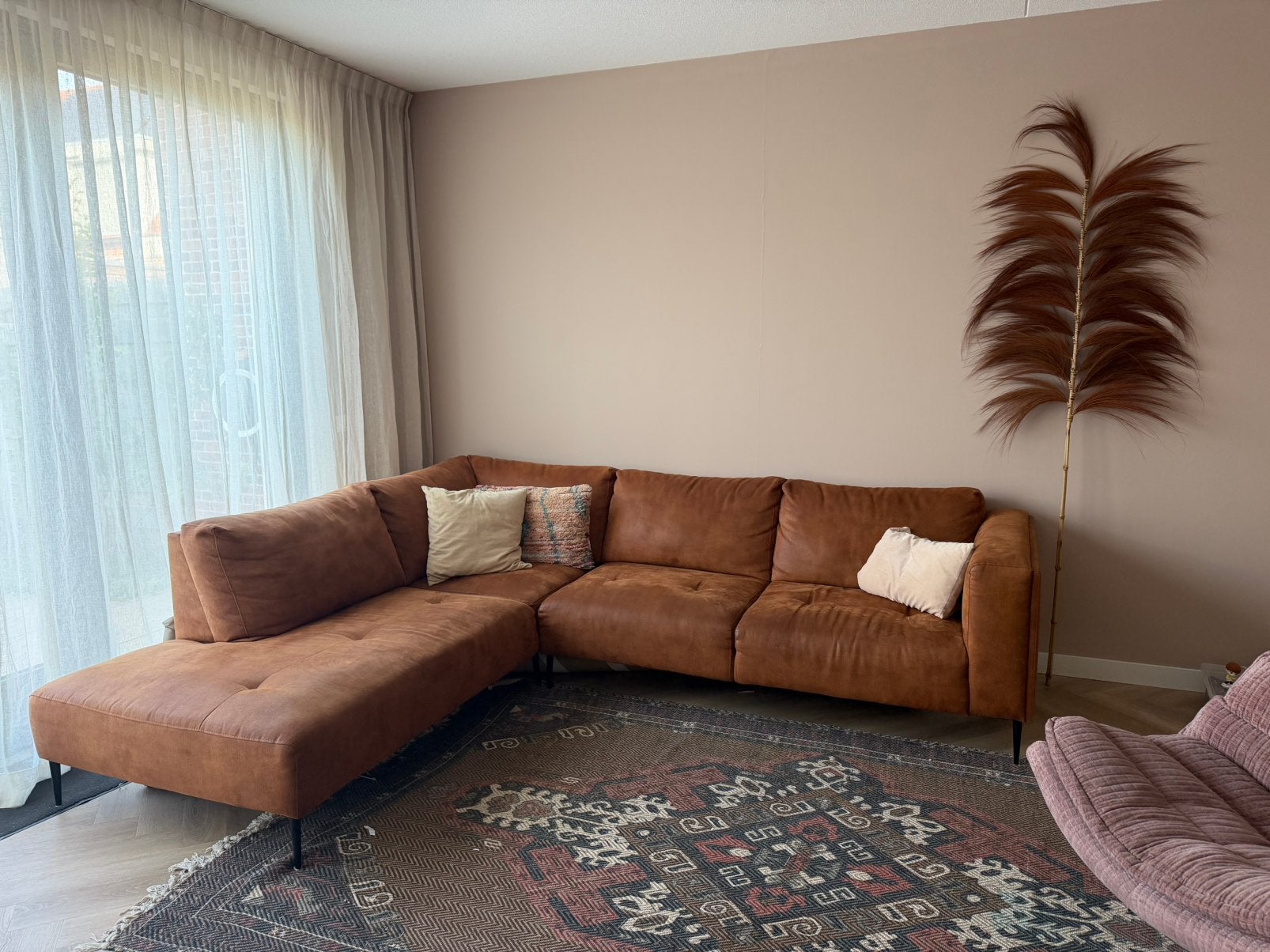 Trendhopper hoekbank – Cognac kleur – Comfortabel & stijlvol, Ophalen, Gebruikt, Overige materialen