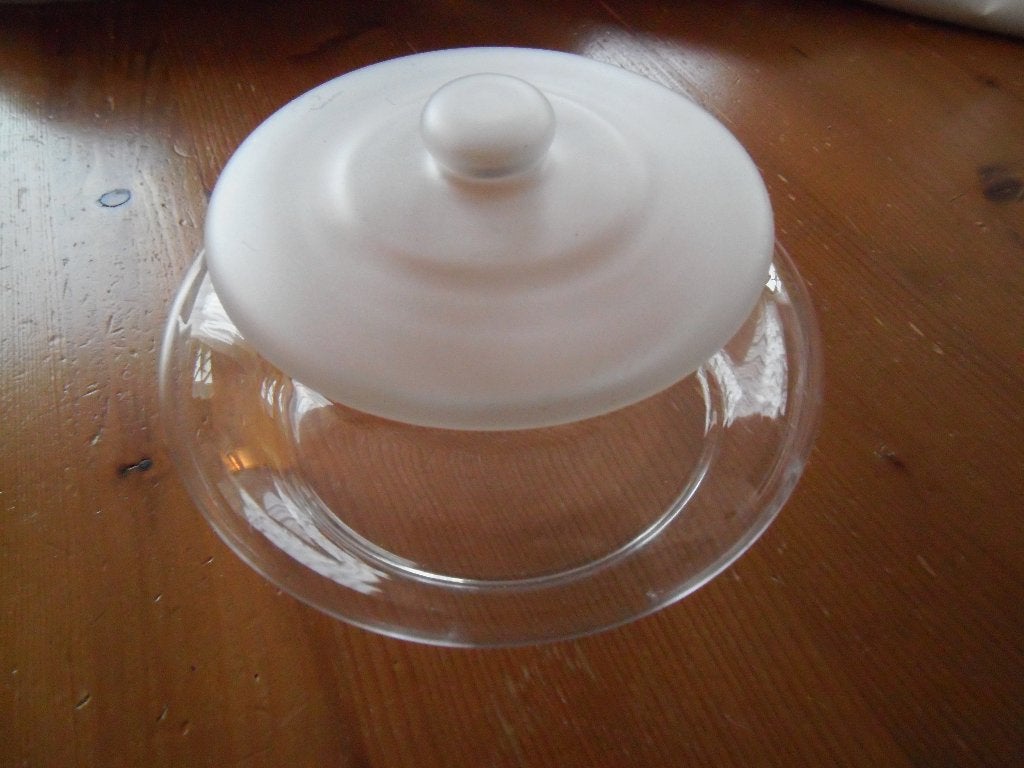 vintage glazen koektrommel schaal met deksel, Gebruikt, Schaal, Rond, Ophalen of Verzenden