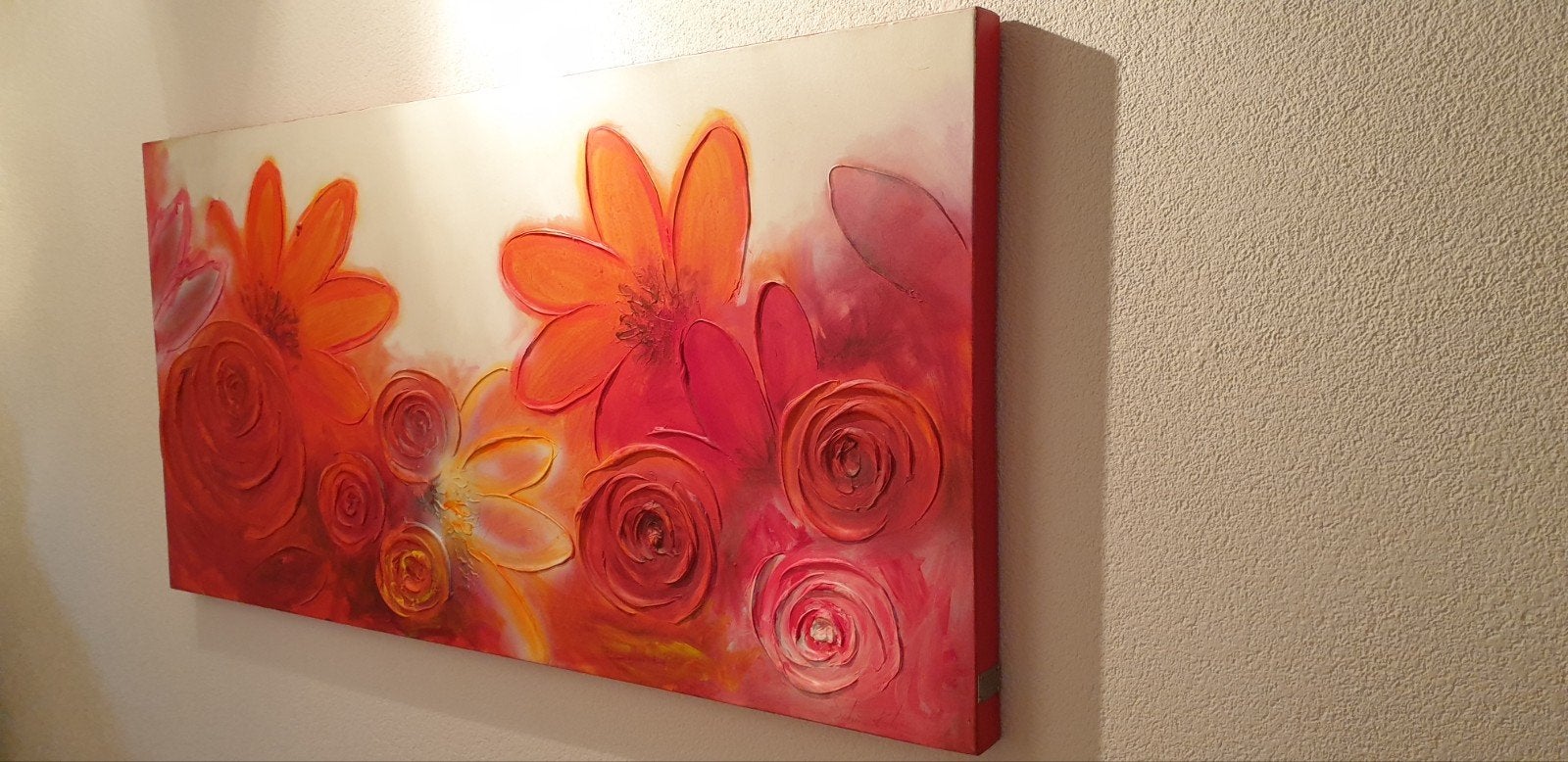 Sabine Kleiren kunstwerk: Levendige bloemen in roodtinten, Antiek en Kunst, Kunst | Schilderijen | Klassiek, Ophalen