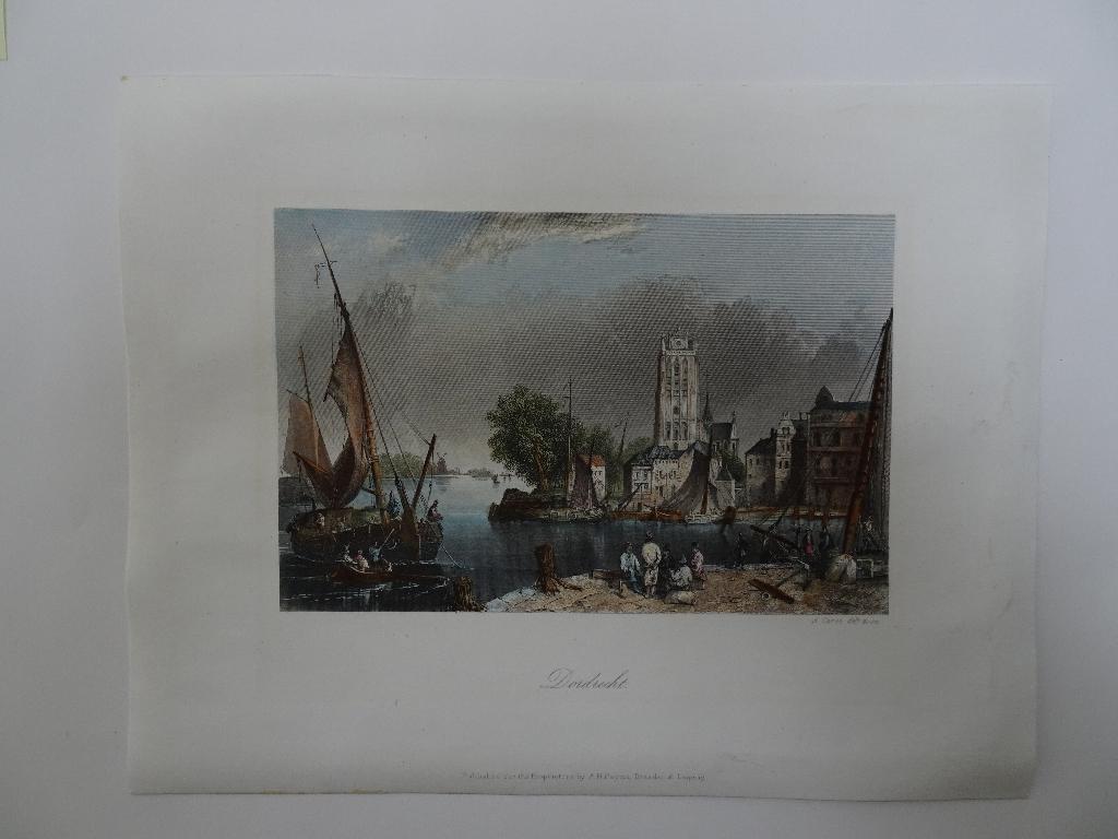 staalgravure Dordrecht havenhoofd kerk schepen A. Carse 1860, 1800 - 1899, Verzenden, Stadsgezicht, Gravure
