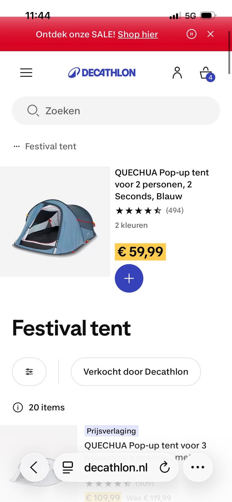 Quechua 2 Seconds Pop-up tent 2 personen – snel opzetbaar, Ophalen of Verzenden, Zo goed als nieuw, Tot en met 2