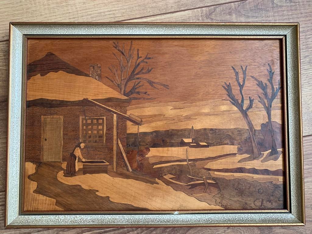 Mooi Antiek houten inleg schilderij - Boerin met landschap, Antiek en Kunst, Kunst | Schilderijen | Klassiek, Ophalen of Verzenden