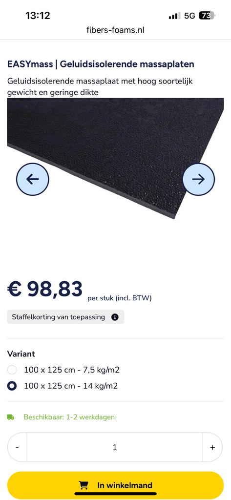 EASYmass geluidsisolerende massaplaat/ ondervloer, Overige materialen, 30 cm of meer, 50 tot 150 cm, Overige typen