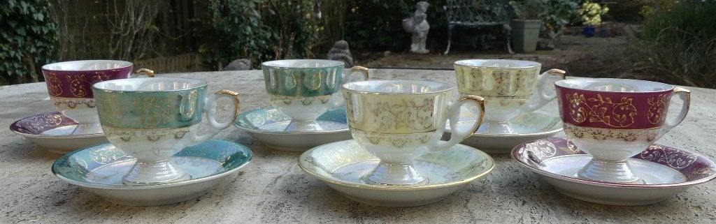 Set 6 Parelmoer Koppen en Schotels met Gouden Bloem Kado Tip, Overige merken, Nieuw, Ophalen of Verzenden, Overige stijlen