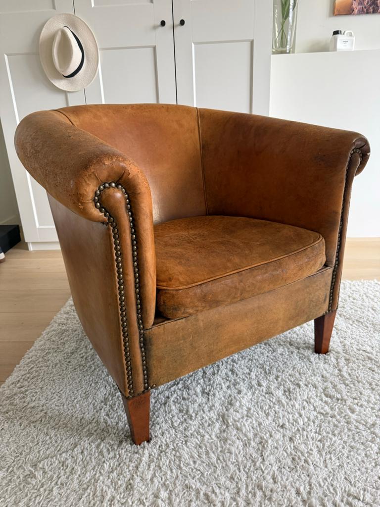 Vintage schapenleren clubfauteuil - cognac kleurig, Ophalen