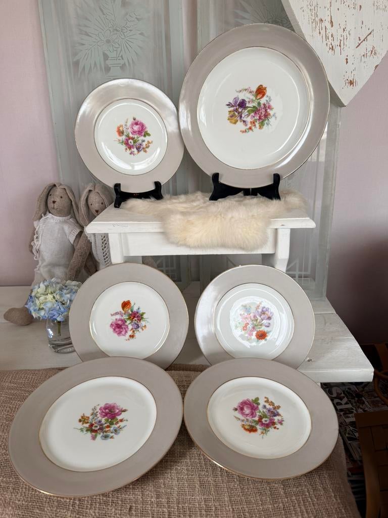 Limoges G Boyer 6xxtaupe gebloemde borden porselein, Ophalen