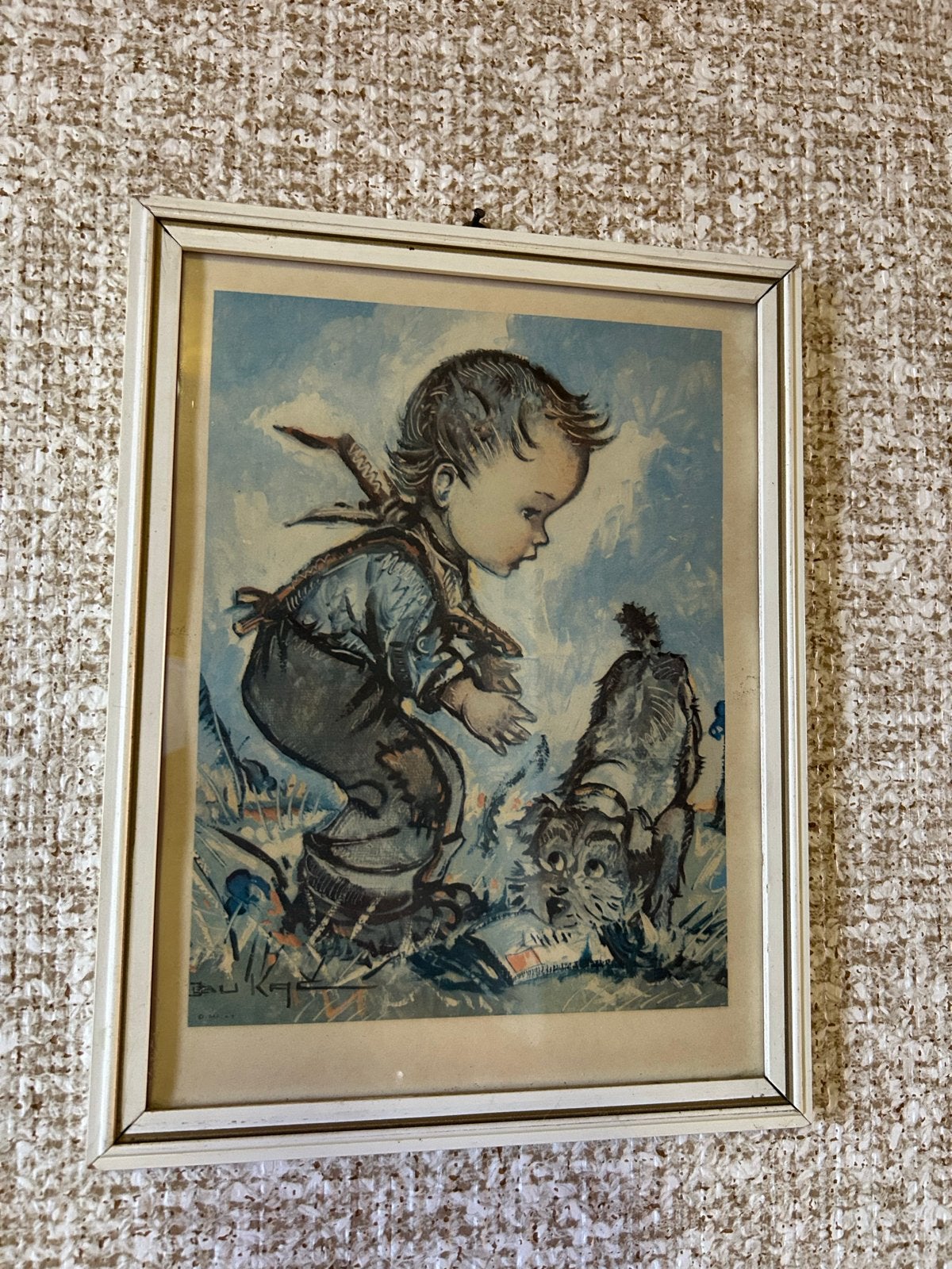 Vintage Litho Print: Jongetje met Hondje - Jean Bukac, Gesigneerd, Ophalen of Verzenden, Portret en Figuren, Lithografie