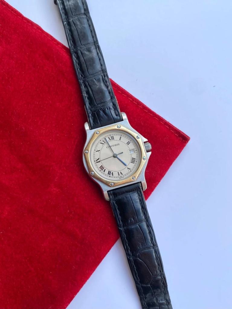 Cartier Santos Octagon 187902 12 maanden garantie!, Overige merken, Leer, Staal, Polshorloge