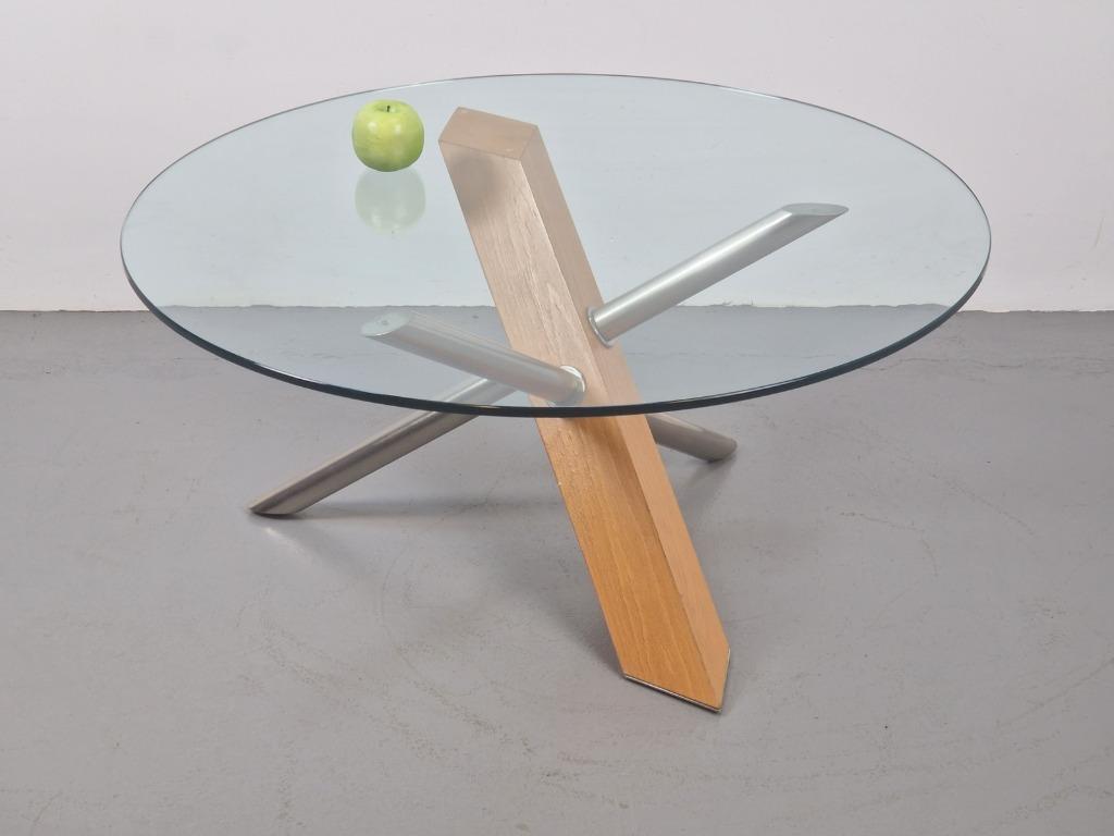 Vintage moderne salontafel hout glas design rond ’90 Italië, Huis en Inrichting, Ophalen, Gebruikt, 50 tot 100 cm, Rond