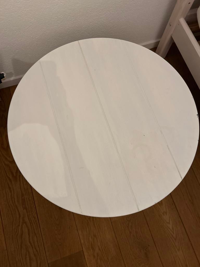 Witte houten bijzettafel - Rond merk Woood., Huis en Inrichting, Tafels | Bijzettafels, Gebruikt, Rond, Minder dan 45 cm, Minder dan 55 cm