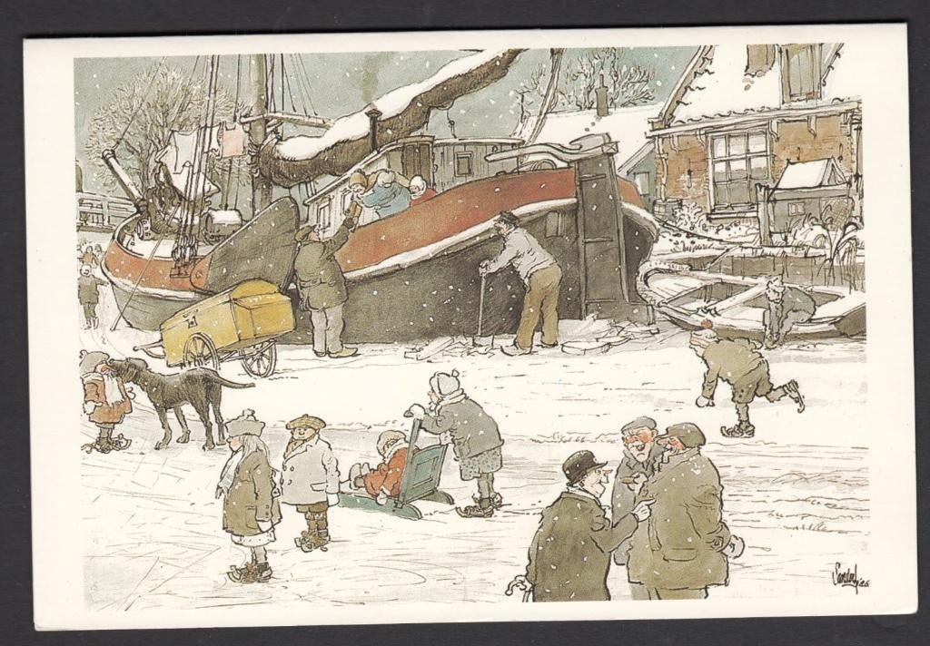 Schaatsen en IJs weghakken langs een Tjalk Kunst Jan Sanders, Verzamelen, Verzenden, 1980 tot heden, Gelopen, Sport en Spel