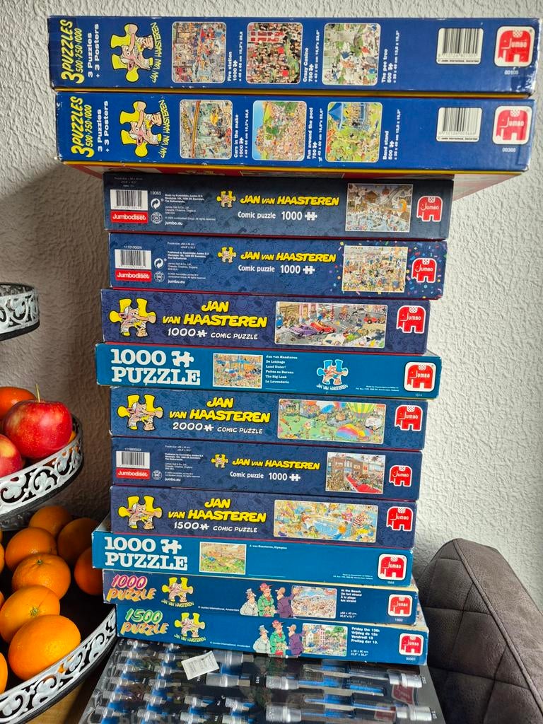 Diversen Jan v Haasteren puzzels 1000, 1500 2000 ,3 in doos, Hobby en Vrije tijd, Denksport en Puzzels, Zo goed als nieuw, 500 t/m 1500 stukjes