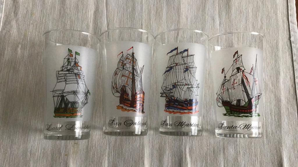 4  vitage glazen limonadeglazen met afbeelding zeilschip, Glas of Glazen, Ophalen of Verzenden, Overige stijlen, Glas