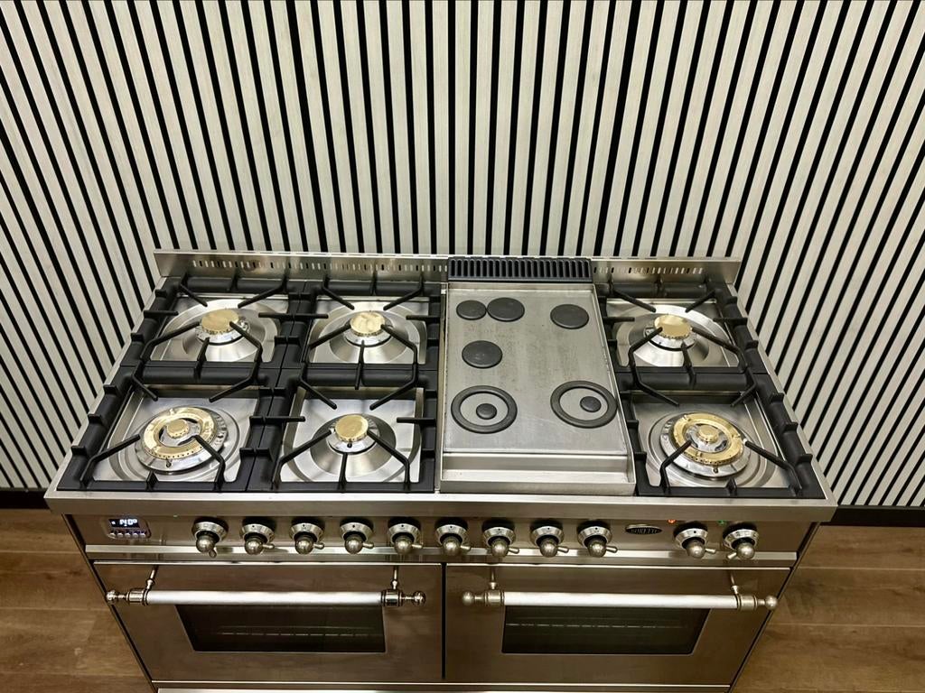 Boretti 120 cm Fornuis Dubbele Oven tot 300C FryTop & 6 Pits, Fornello Esperta, Ophalen of Verzenden, Zo goed als nieuw, Energieklasse A of zuiniger
