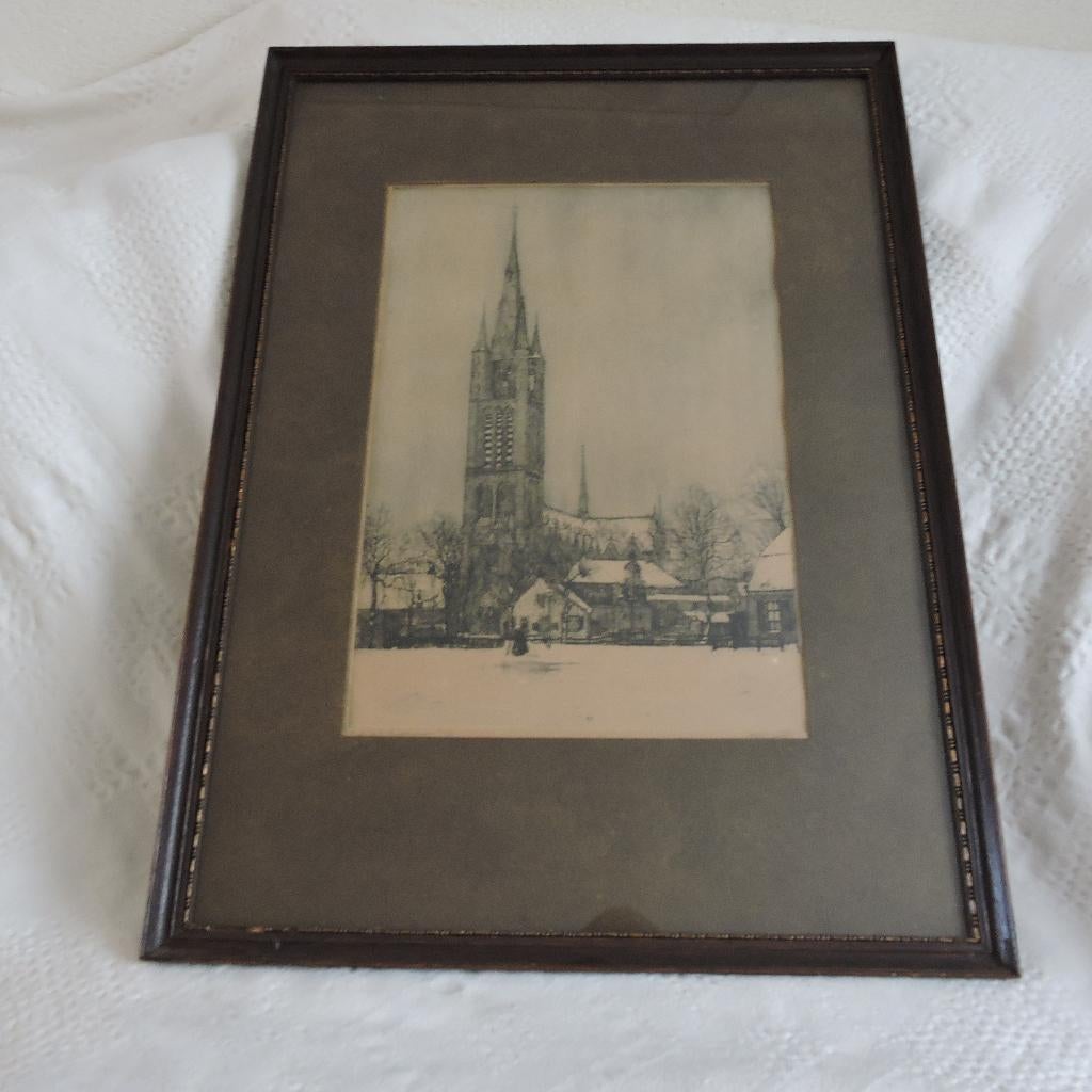Mooie grote ets Vitus kerk Hilversum jaren 30, Antiek en Kunst, Kunst | Etsen en Gravures, Ophalen