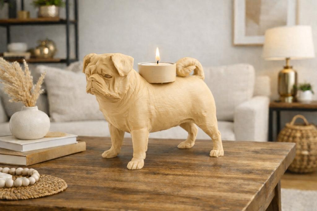 Mopshond Waxinelichthouder – Sfeervolle LED Honden Decoratie, Kunststof, Nieuw, Ophalen of Verzenden, Bruin