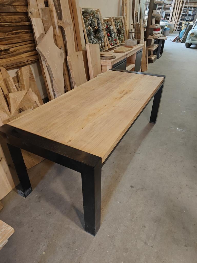 Eetkamertafel 220x90cm, zwart staal & populieren blad, Huis en Inrichting, Tafels | Eettafels, Overige houtsoorten, Vijf personen of meer