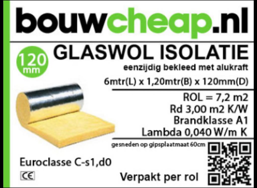 Glaswol 12cm dik met aluminium dampremmende folie, Doe-het-zelf en Verbouw, Isolatie en Afdichting, 12 cm of meer, Nieuw, Ophalen of Verzenden