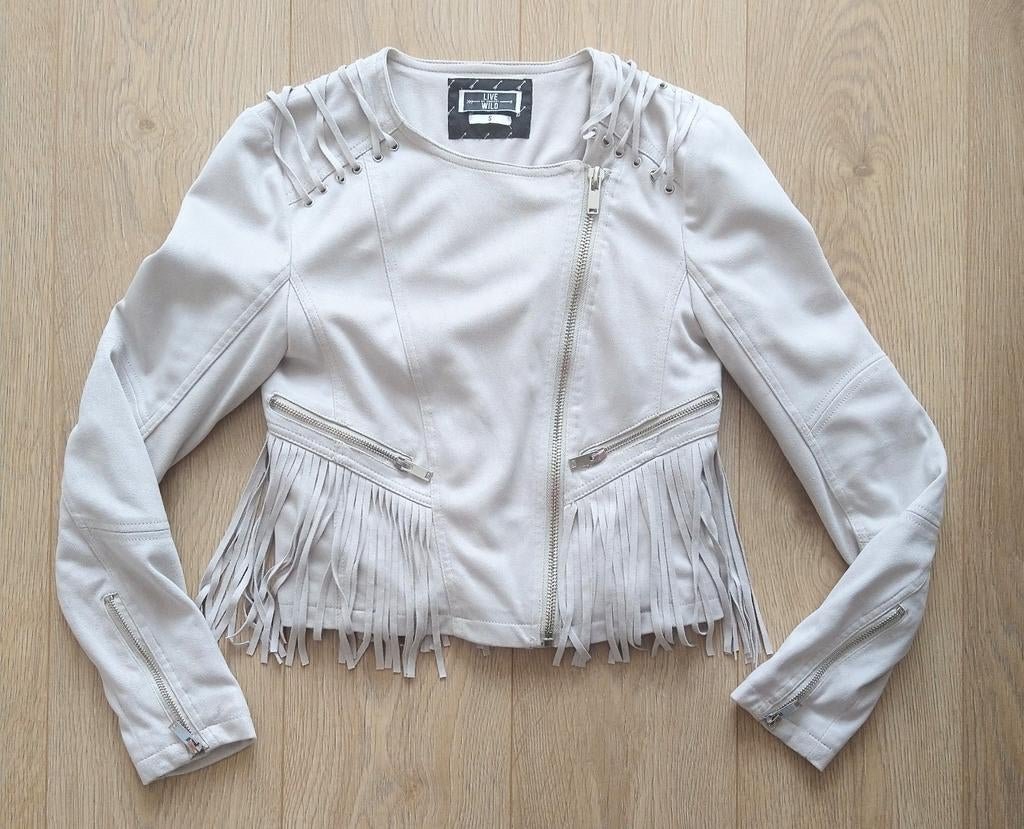 Beige ecru suede jasje met franjes maat s, On-line, Beige, Zo goed als nieuw, On-line