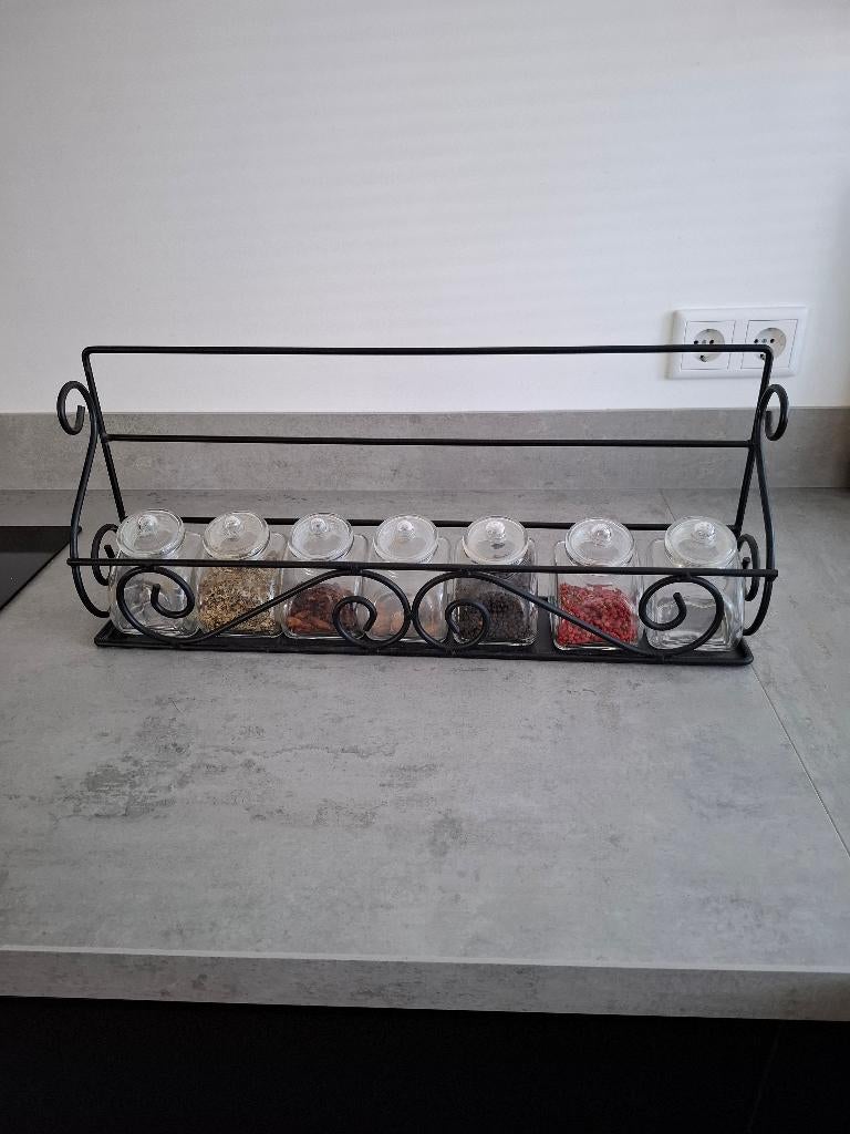 smeedijzeren kruidenrek met 7 glazen potjes, Antiek en Kunst, Curiosa en Brocante, Ophalen of Verzenden