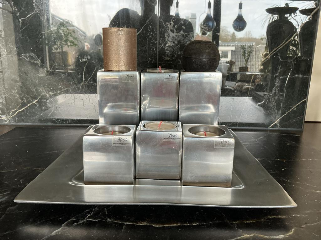 Presenteer-dienblad + kaarsen-waxinehouder BOB aluminium, Ophalen, Zo goed als nieuw, Metaal