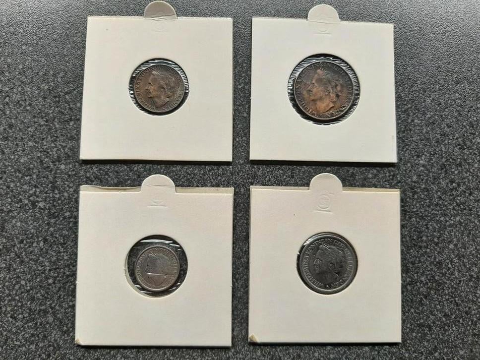 Wilhelmina  1948  /  1 - 5 - 10  en 25  cent. / geen zilver., Ophalen of Verzenden, Koningin Wilhelmina, 25 cent, Zilver