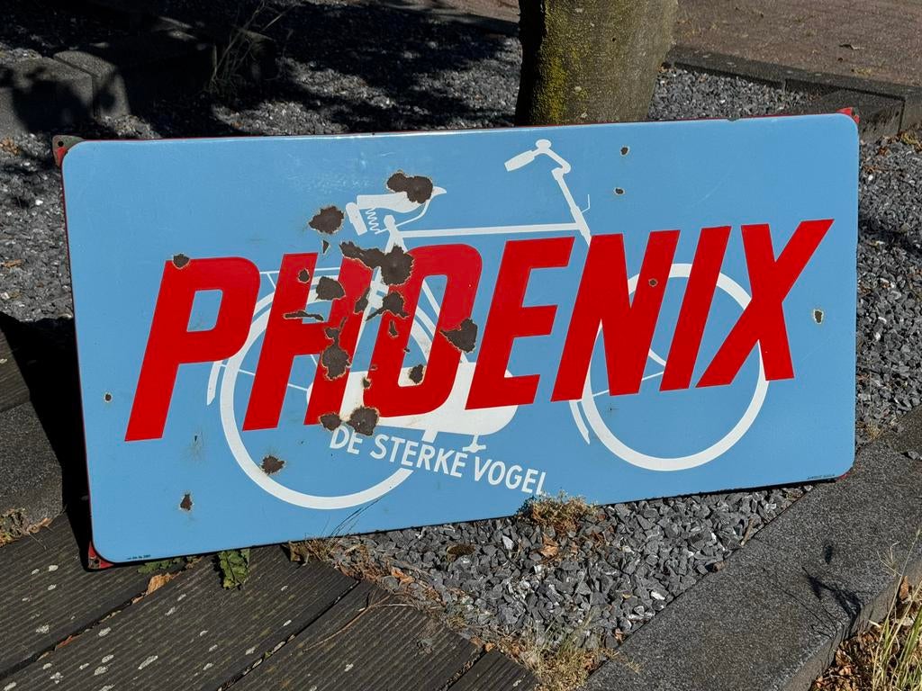 Groot oud Phoenix fiets emaille reclamebord, Ophalen