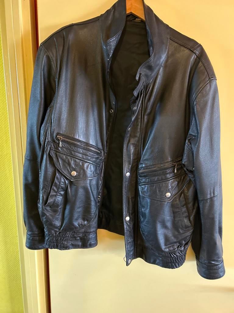 Vintage Zwarte Leren Jas - Maat M, Kleding | Heren, Ophalen, Gedragen, Maat 48/50 (M), Zwart