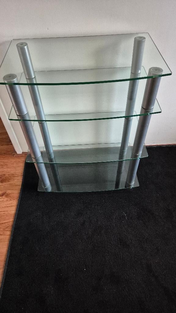 Modern Audio- / TV-Meubel – Glas & Aluminium – 4 Niveaus, Ophalen, 50 tot 100 cm, Zo goed als nieuw, Glas