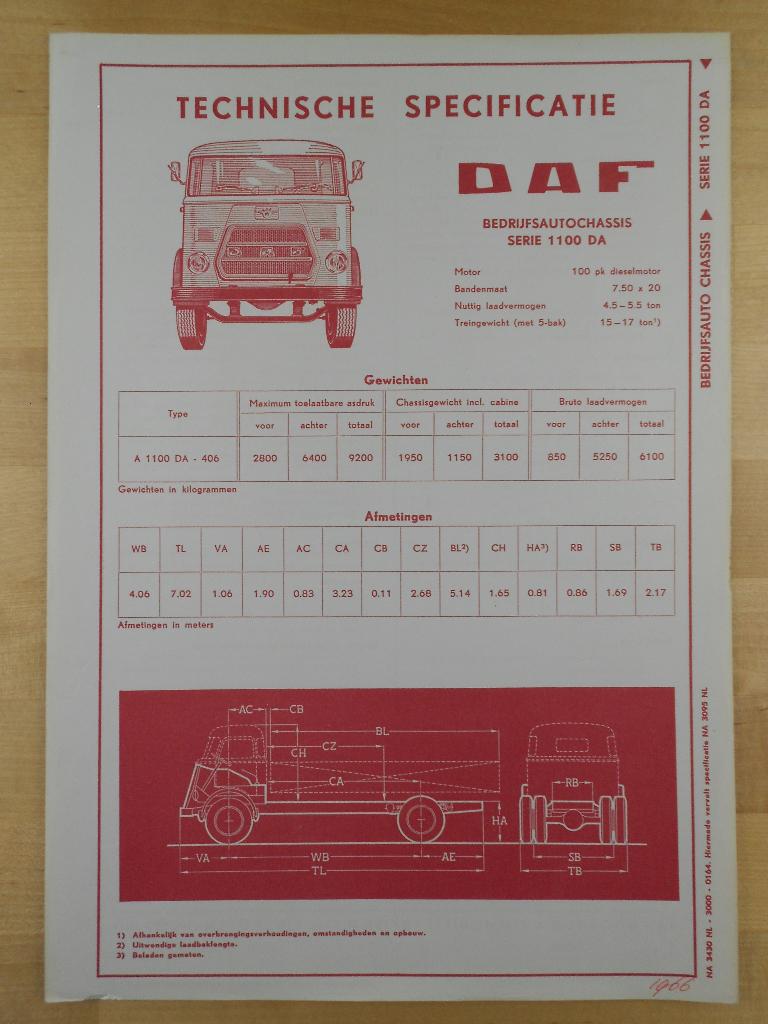 DAF 1100 DD Specificatie Brochure 1964 Kikker 1100DD, Verzenden, Zo goed als nieuw, Overige merken, DAF