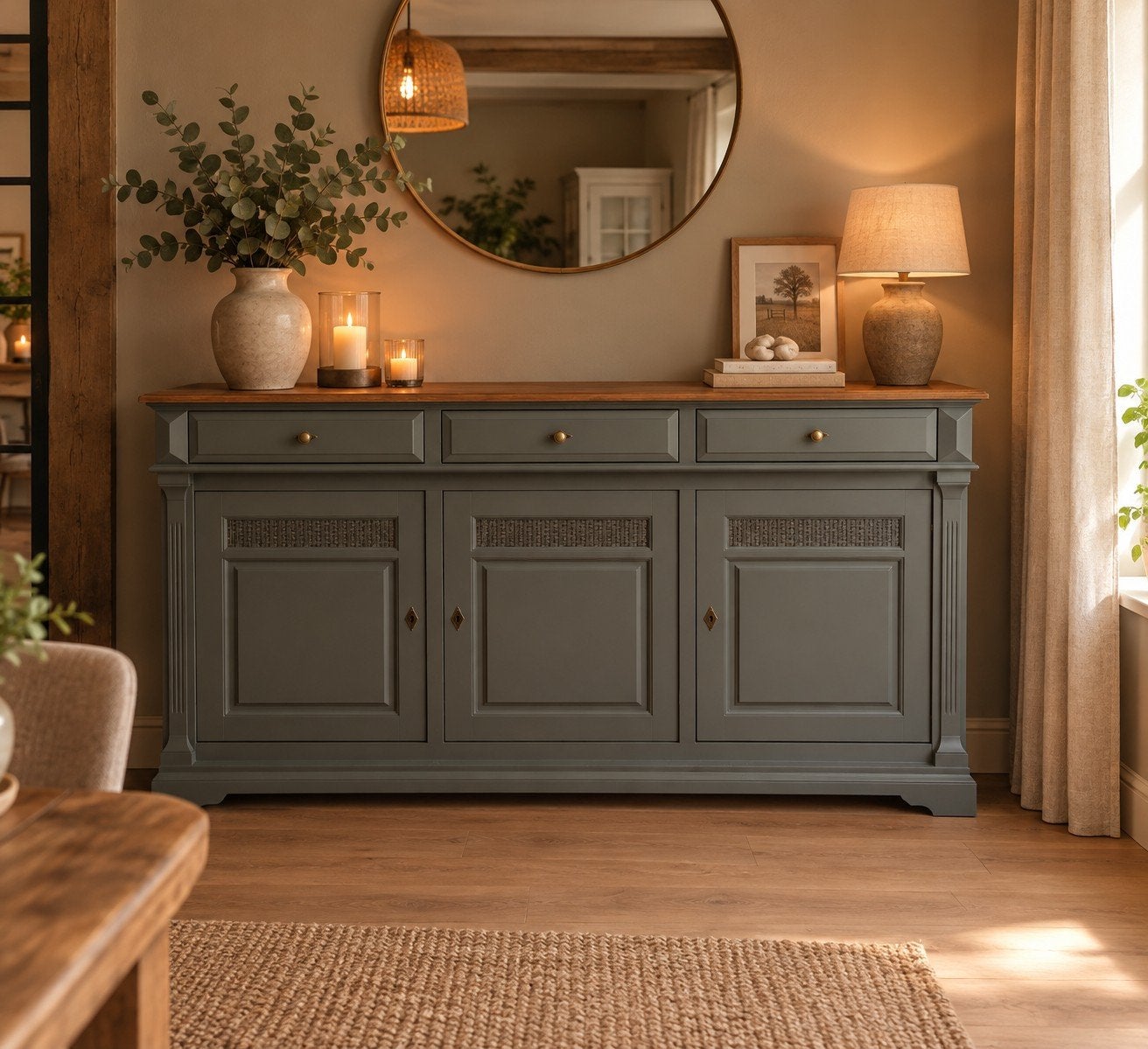 Massief eiken, Landelijk dressoir met houten blad, Met lade(s), 150 tot 200 cm, Ophalen of Verzenden, Zo goed als nieuw