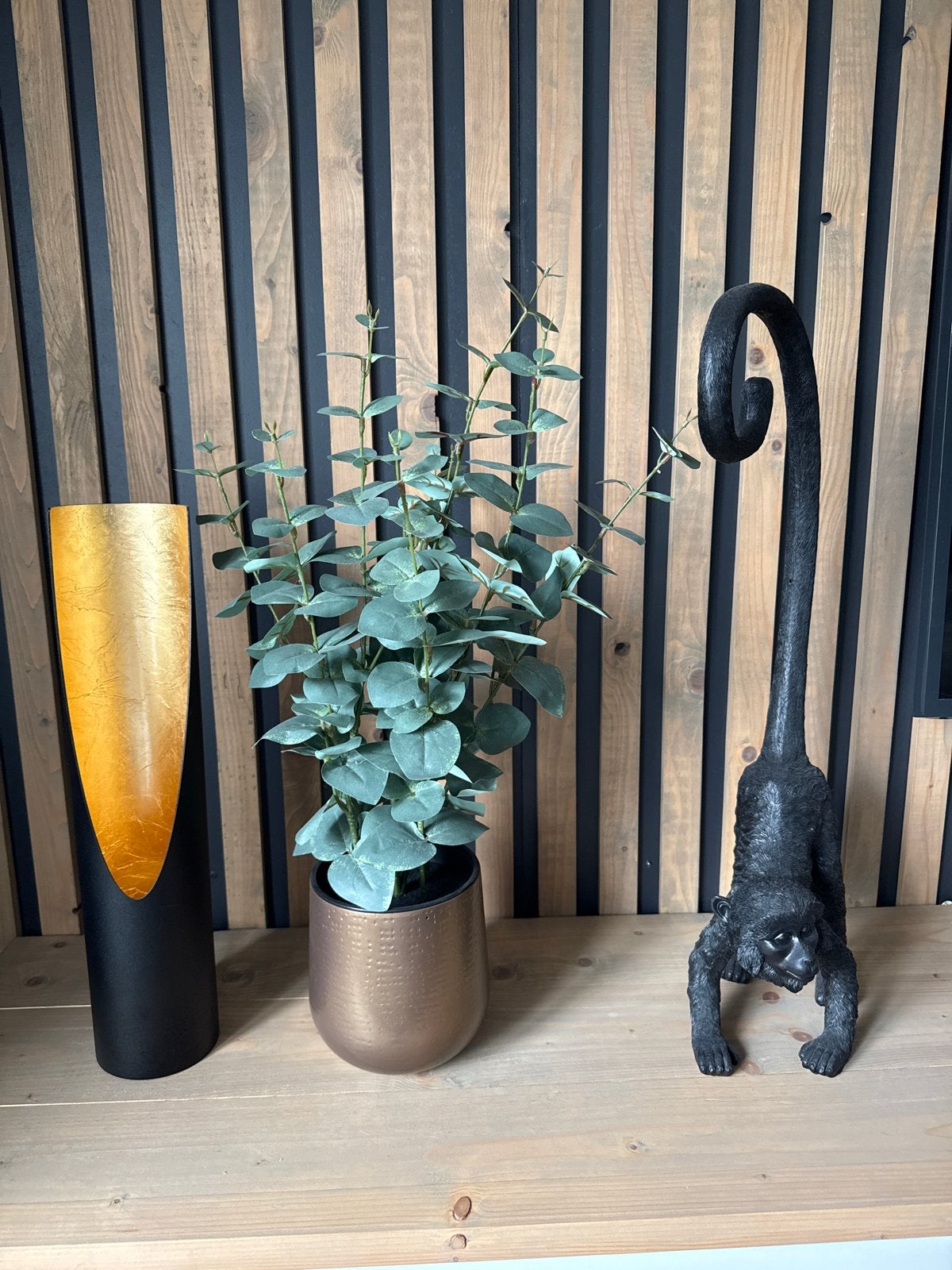 Decoratieve set: lamp, plant en aap beeldje, Ophalen, Zwart, Zo goed als nieuw, Metaal