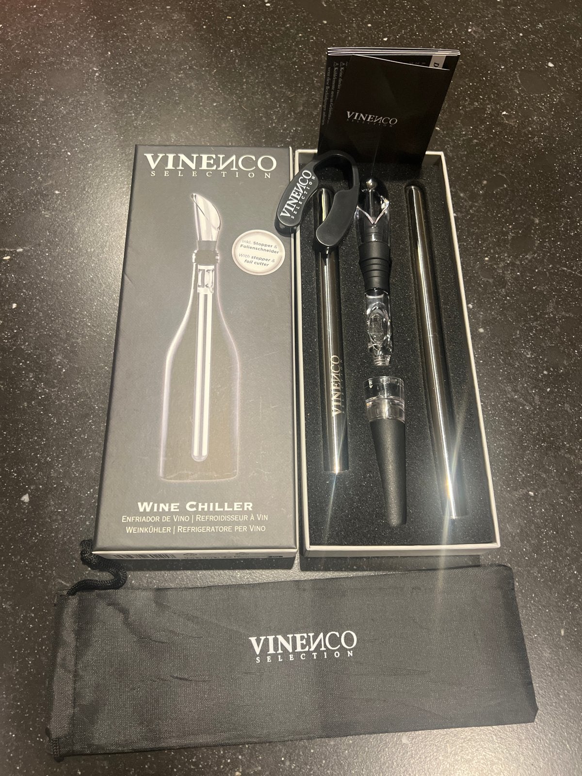 Vinenco Wijnkoeler met foil cutter en wijn stopper, Nieuw, Ophalen of Verzenden, Minder dan 5 flessen, Metaal