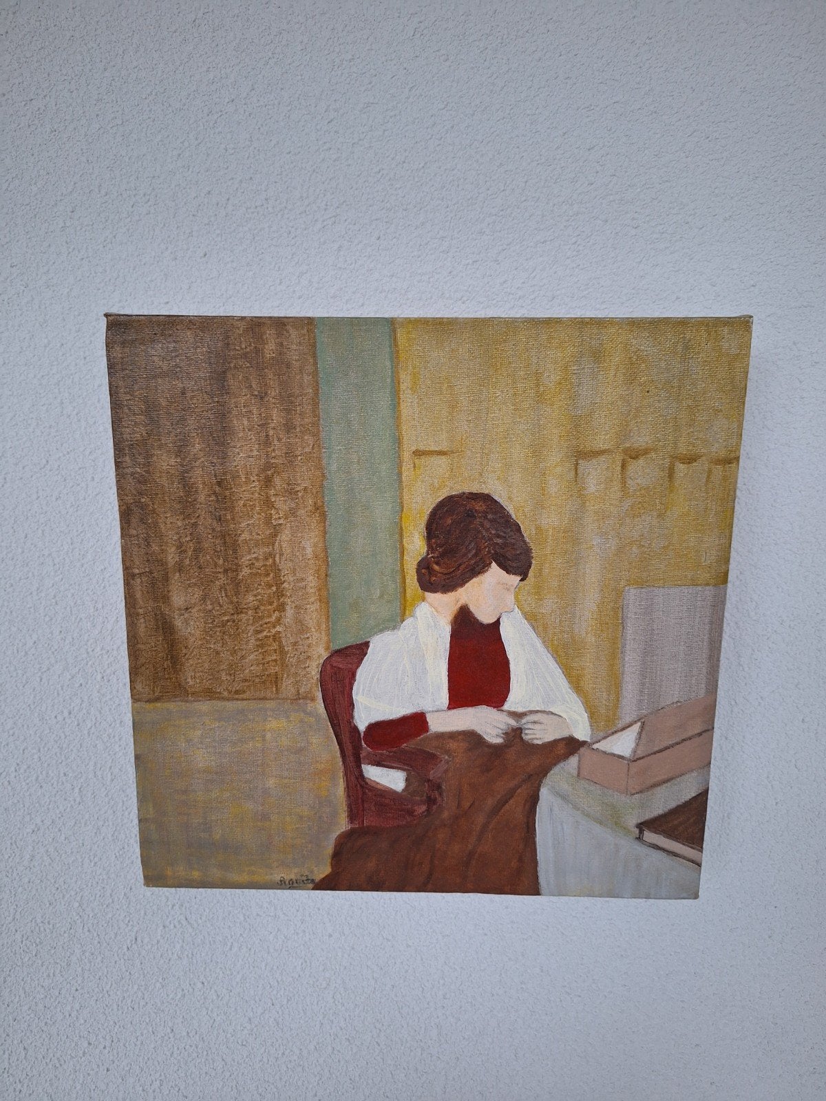 Vrouw in stoel - Acrylverfschilderij op doek, Antiek en Kunst, Kunst | Schilderijen | Klassiek, Acrylverf, Stilleven, Ophalen of Verzenden