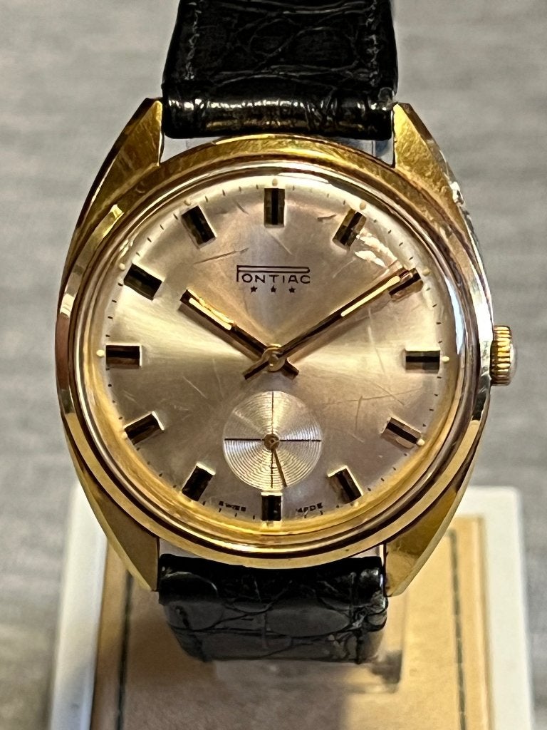 Pontiac Horloge Handopwind Verguld 35mm, Overige merken, Staal, Polshorloge, Met bandje