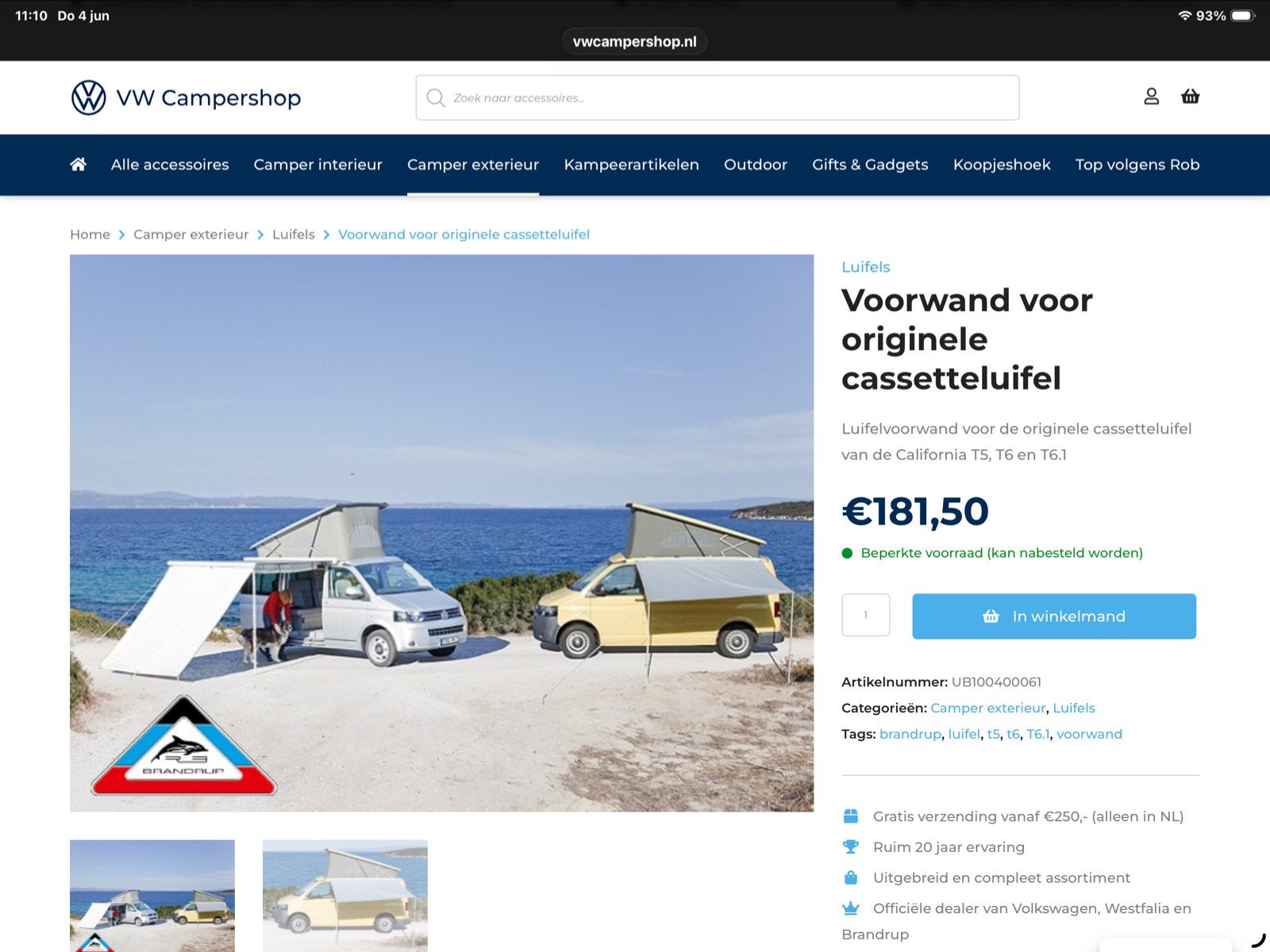 GEZOCHT! Brandrup voorwand voor originele cassetteluifel, Caravans en Kamperen, Ophalen of Verzenden, Gebruikt