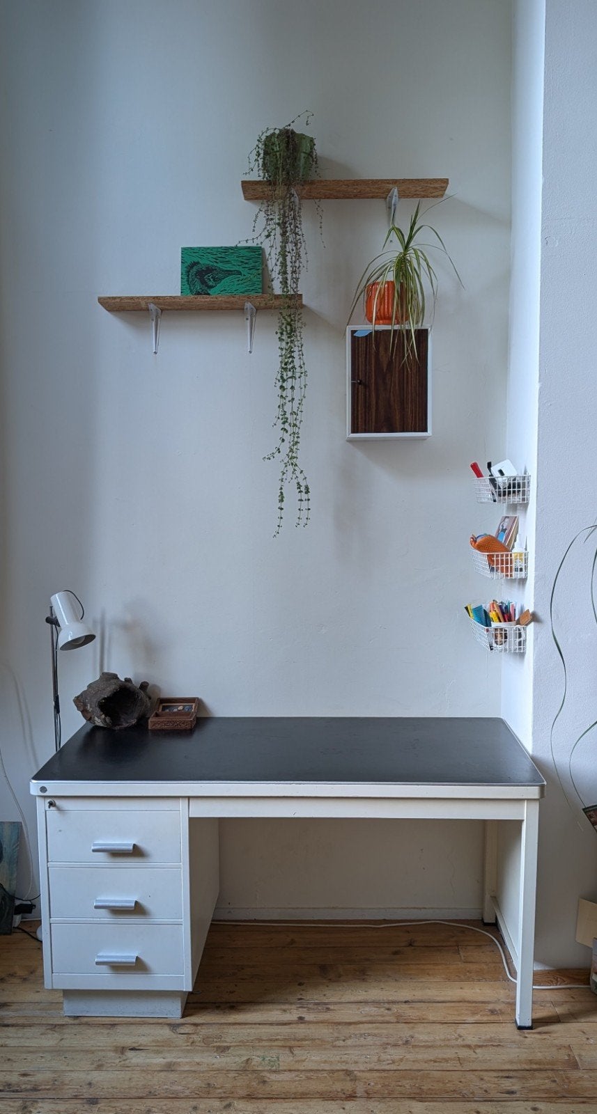 Vintage industrieel bureau staal, Ophalen, Gebruikt, 150 cm, Met lades
