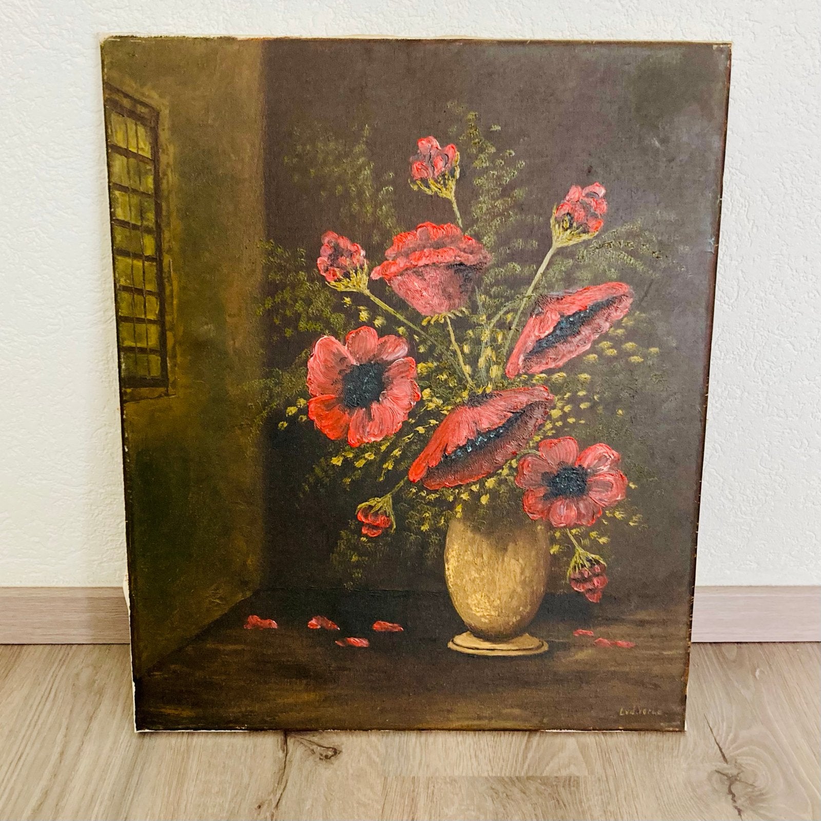 Olieverfschilderij L. van de Vorle Klaprozen Stilleven 50x60, Doek, Stilleven, Ophalen of Verzenden, Gesigneerd