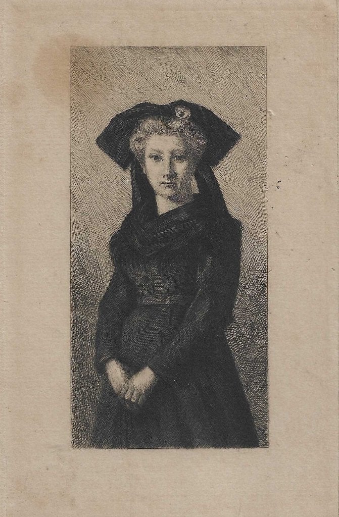 "Zij wacht - 1871 - Elzas". Gravure naar Jean-Jacques Henner, Antiek en Kunst, 1800 - 1899, Portret, Ophalen of Verzenden, 12 cm