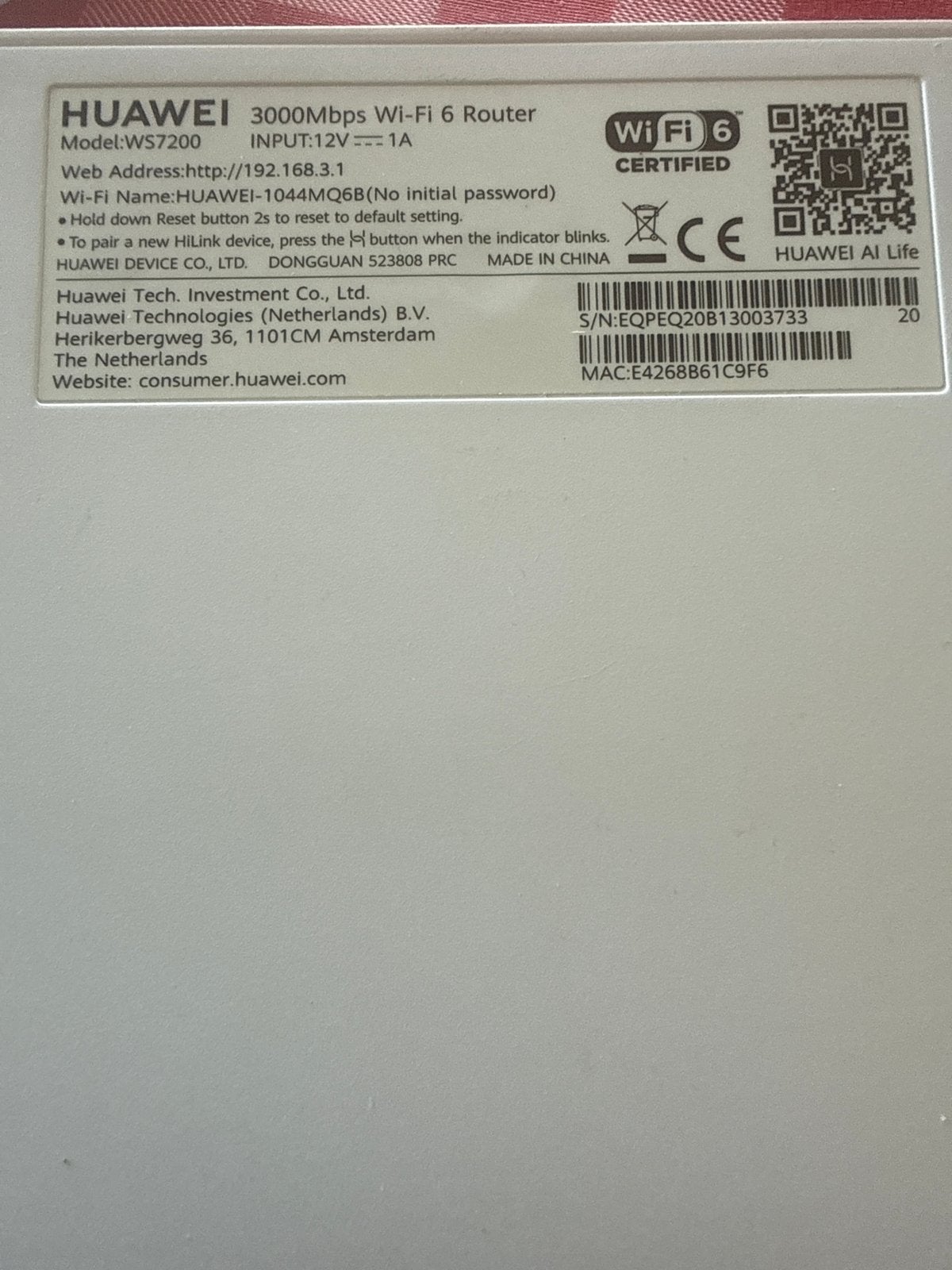 Huawei WS7200 3000Mbps Wi-Fi 6 Router, Router, Ophalen of Verzenden, Zo goed als nieuw, Huawei
