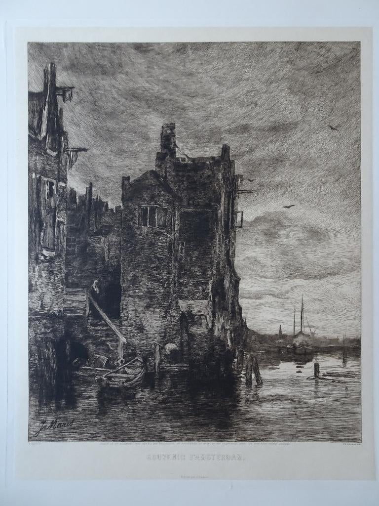 Ets huizen aan het water in Dordrecht, Zilcken n. Maris 1880, 1800 - 1899, Stadsgezicht, Origineel, Verzenden