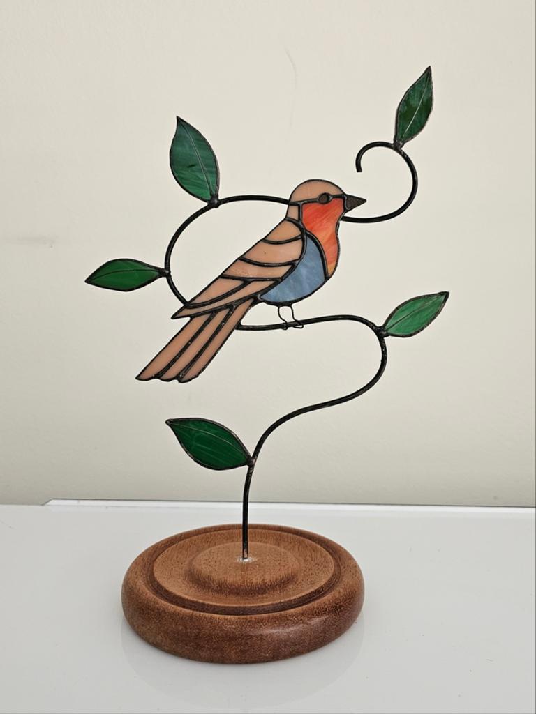 Tiffany stijl roodborstje glas in lood decoratie op hout, Ophalen, Nieuw, Glas, Vintage