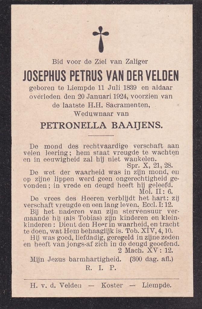 Velden Josephus 1839 Liempde 1924, Ophalen of Verzenden, Bidprentje