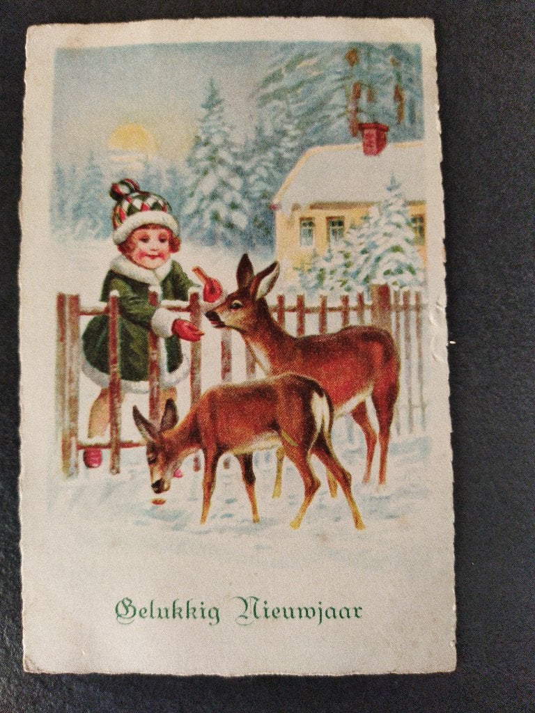 Vintage ansichtkaart Gelukkig Nieuwjaar meisje met hertjes, Ophalen of Verzenden, 1940 tot 1960, Gelopen, Feest(dag)