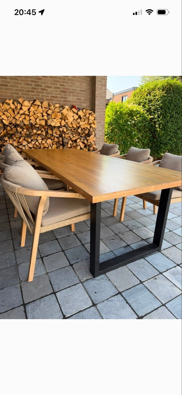 Eiken tuintafel met zwart massief onderstel, Ophalen, Zo goed als nieuw, Rechthoekig, Hout