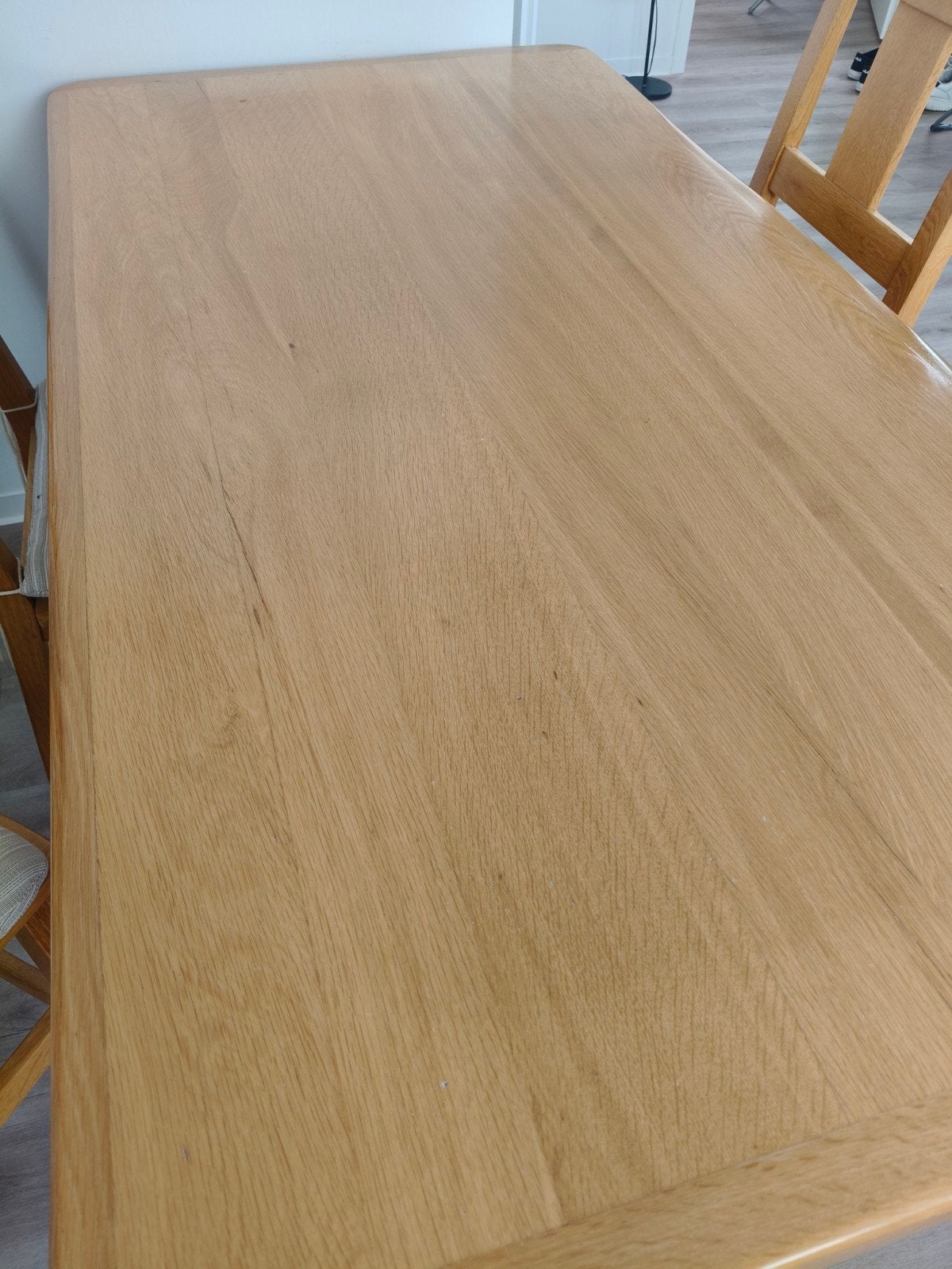 Massief blank eiken eettafel met bijpassende stoelen, Ophalen, Gebruikt, Eikenhout, 50 tot 100 cm