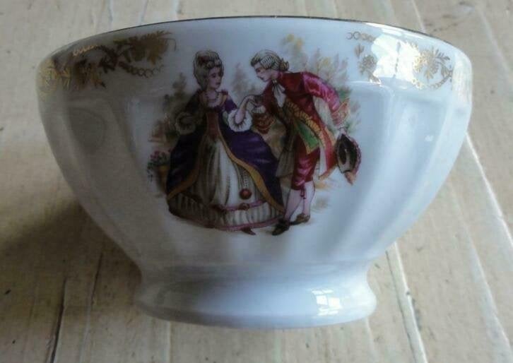  Vervormde Franse brocante barok spoelkom, gouden sierrand, Ophalen of Verzenden