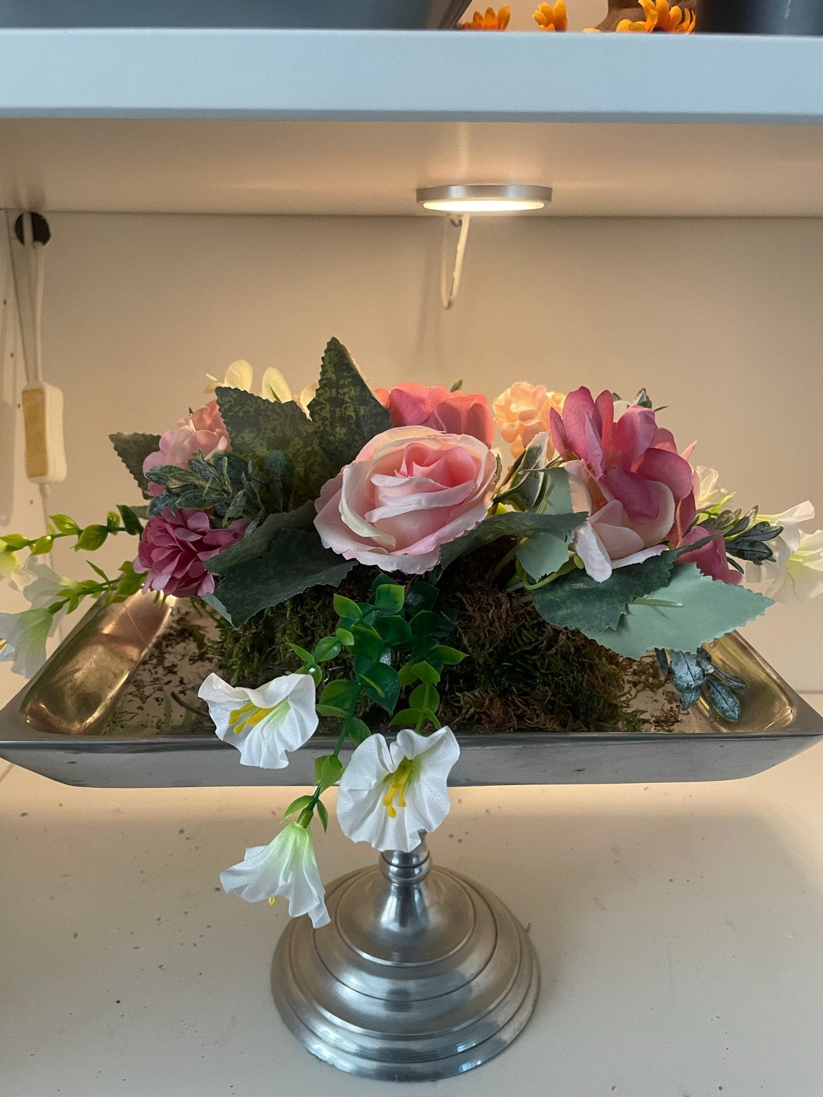 Prachtig kunstbloemstuk in roze en groene tinten, Ophalen, Binnen, Textiel, Zo goed als nieuw