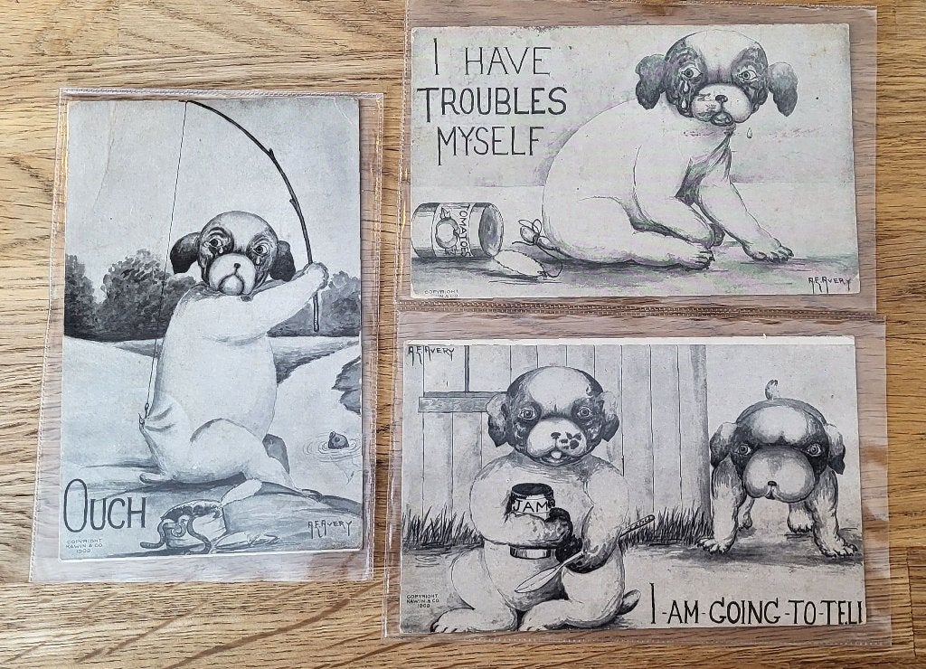 3x fantasie kaarten met hond, Ophalen of Verzenden, Voor 1920, Gelopen, Overige thema's